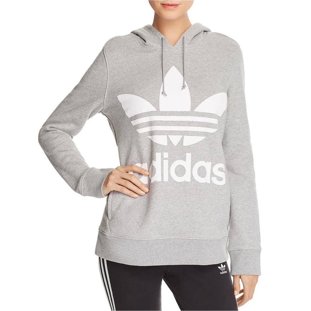 Adidas Grey & White Casual Pullover Hoodie with Pockets